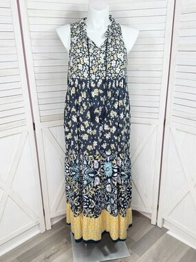 Kaktus Multi Floral Tiered Boho Cottagecore Sleeveless Maxi Dress Blue Large